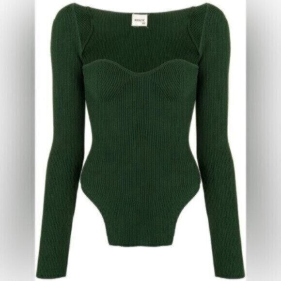 KHAITE Maddy Emerald Green Ribbed Knit Bustier Sweetheart Neckline Top Size M - Picture 3 of 13